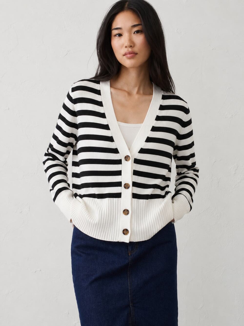 NWT T Tahari Striped V Neck Cardigan S Black White Button Front Preppy Sweater
